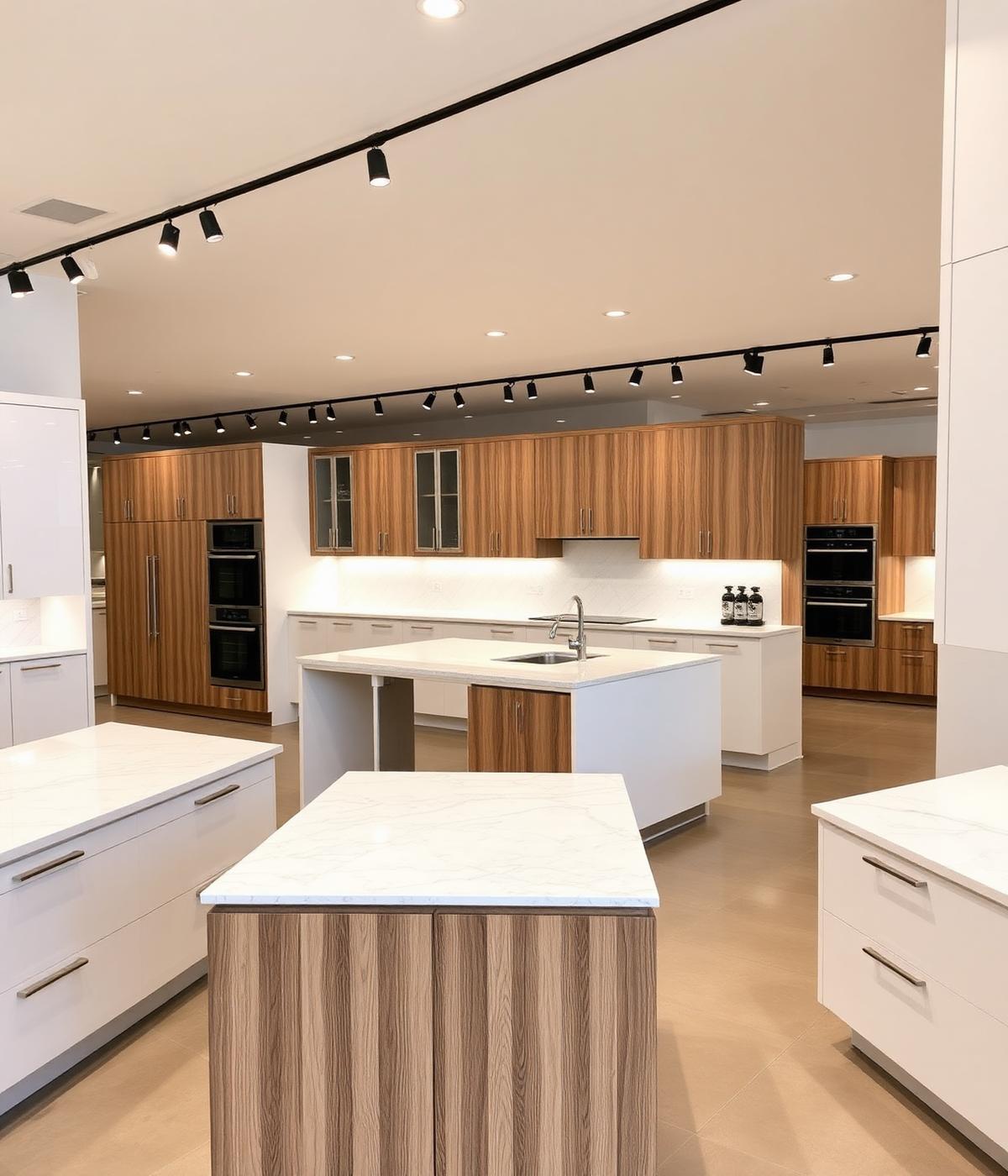 Modern kitchen showroom with cabinet displays