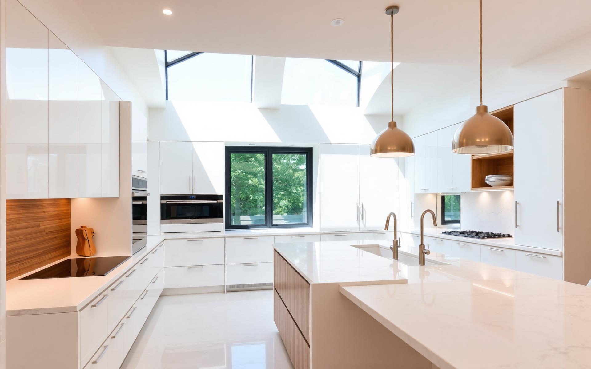 Modern kitchen with flat-panel cabinets and quartz countertops